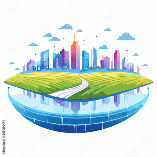 Vibrant cityscape reflecting a serene natural landscape, illustrating a future of sustainable urban development and ecological harmony