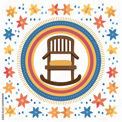 Cozy rocking chair illustration with folk art floral border