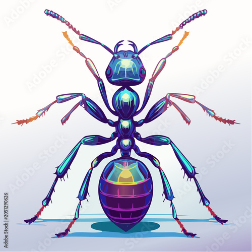 Detailed illustration of a glossy, iridescent ant from a top-down perspective