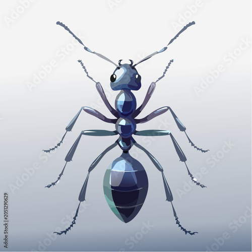 Glossy blue ant vector illustration with detailed segmented body and antennae viewed from above