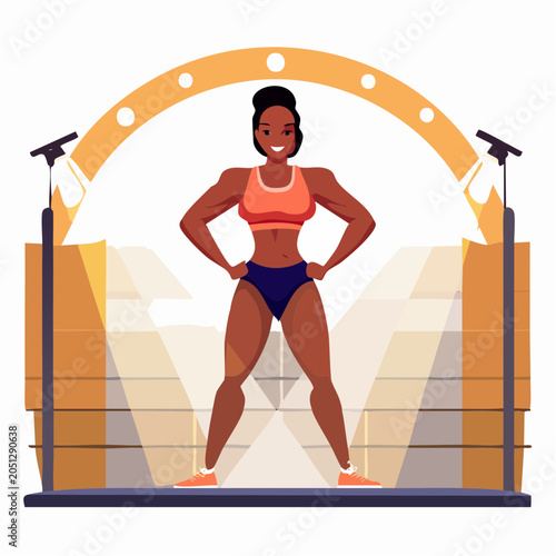 Muscular woman standing confidently on stage under spotlights, showcasing physique