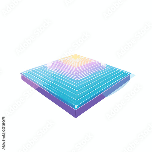 Geometric pyramid structure with layers and vibrant purple and yellow hues