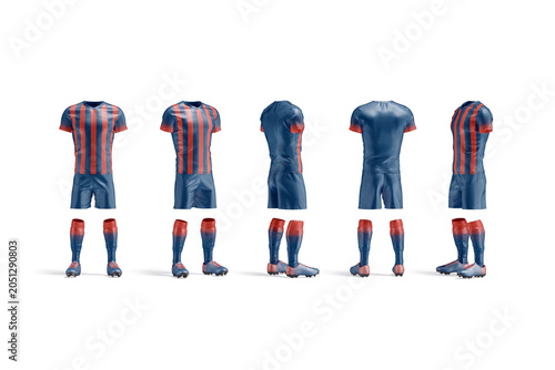 Blank colored soccer uniform mockup, different angles views, 3d rendering. Empty spain blue and red sportswear for team mock up, isolated. Clear jersey play-suit clothing for playing game template.