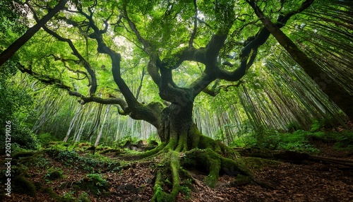 Tree With Green Leaves And Dense Branches And Leaves In Forest