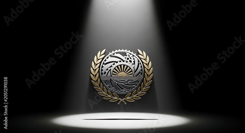 Golden Medal Emblem Surrounded by Laurel Wreath on Dark Spotlight