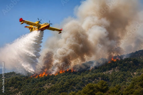 Firefighting plane dropping water on a large forest fire