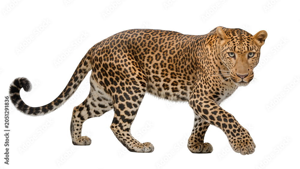 Fototapeta premium Leopard walking with spotted fur and green eyes