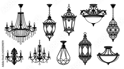Ornate Antique Chandelier and Traditional Lamp Vector Elements