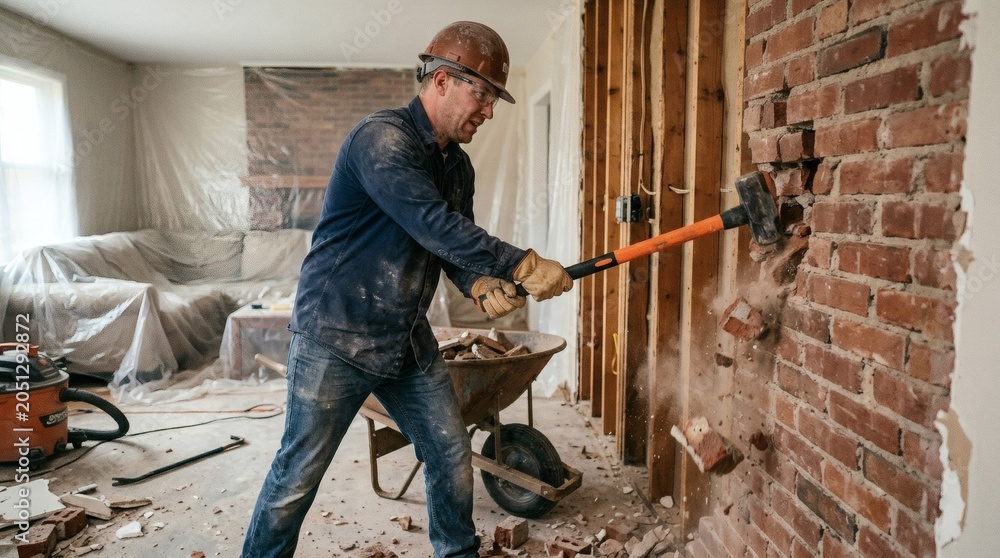 Fototapeta premium Man in hard hat demolishing brick wall with sledgehammer in construction site
