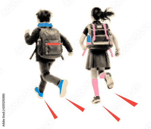 Children running back to school halftone cutout. Popart scrapbook sticker.