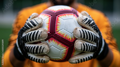 Close up of a goalkeeper holding a football ball