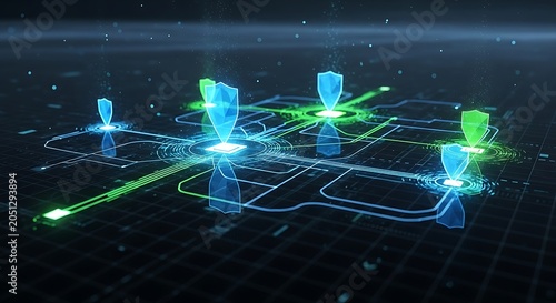 Futuristic Shield Icons Floating Over Neon Grid