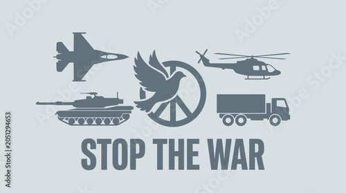 Foto Anti-war message with military vehicles.