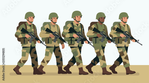 Foto Soldiers in camouflage uniforms marching together.