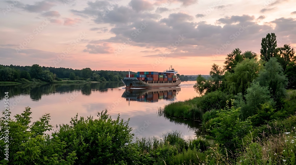Fototapeta premium Container ship sailing on a calm river during a beautiful sunset with reflection in the water and lush green trees on banks