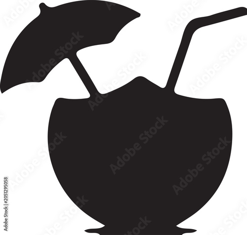 Tropical Coconut Drink Silhouette with Umbrella and Straw - Summer Beach Vacation Icon Vector.