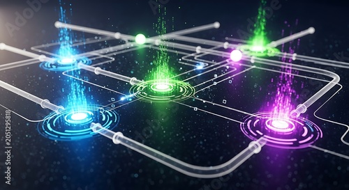 Futuristic Colorful Quantum Grid with Neon Orbs in Network Layout