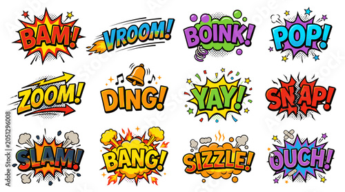 Pop art comic bubbles with Bam Vroom and Sizzle effects.