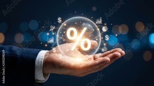 Hand holding a glowing percentage icon representing interest rates and stock market investment returns.