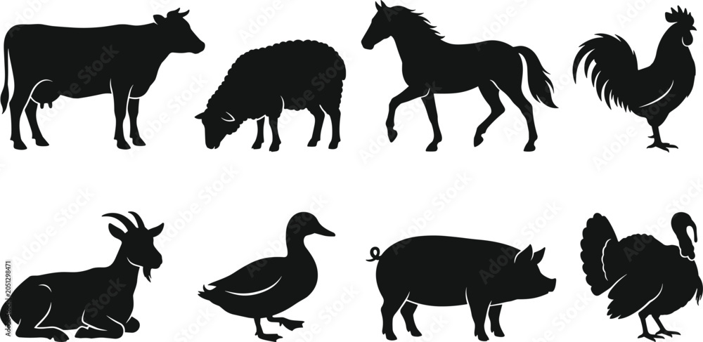 Fototapeta premium Farm Animal Silhouette Collection Featuring Cow Sheep Horse Rooster Goat Duck Pig and Turkey