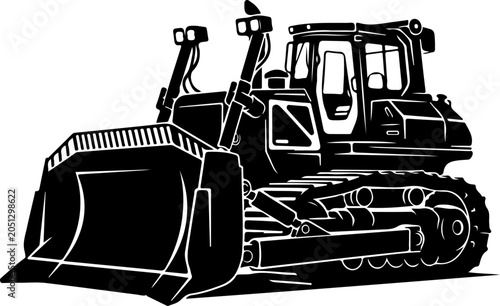Bulldozer, heavy equipment, construction vehicle, black and white illustration, vector icon