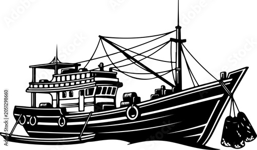 Fishing boat, black and white vector, nautical icon, maritime symbol