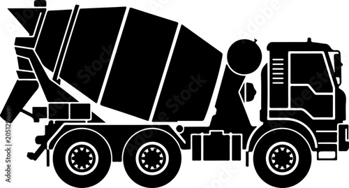 Black cement mixer truck, construction vehicle icon, industrial silhouette, transportation illustration