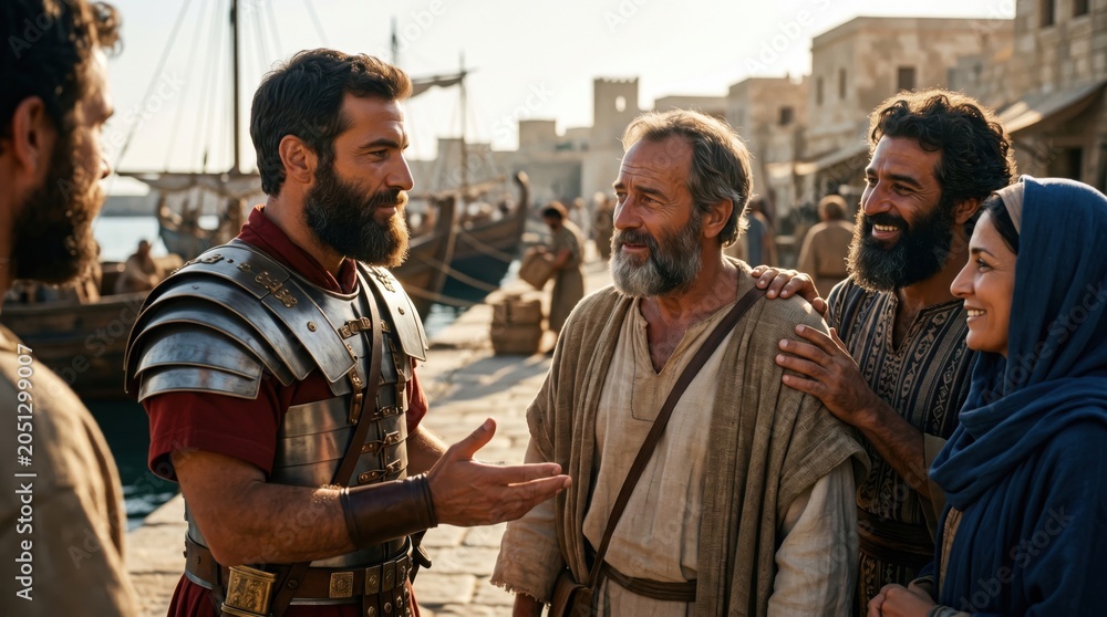 Fototapeta premium Roman centurion talking to a man and a woman at a harbor. Biblical scene depicting the apostle Paul meeting friends at Sidon port. Historical drama, ancient fashion and travel.