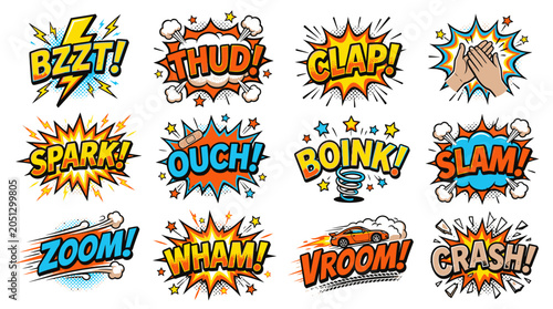 Retro superhero sound effects containing bzzt thud and clap.