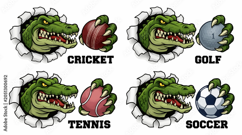 Fototapeta premium Fierce Alligator Heads Breaking Through Paper Holding Cricket, Golf, Tennis, and Soccer Balls, Sports Mascot Vector Illustrations