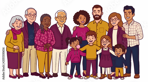 Multi-Generational Family Portrait Illustration, Diverse Group Posing Together with Smiles, Elders, Adults, and Children, Flat Design Graphic
