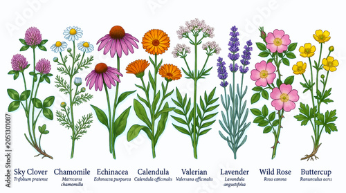 Bild auf Leinwand Collection of Medicinal Wild Flowers: Sky Clover, Chamomile, Echinacea, Calendul