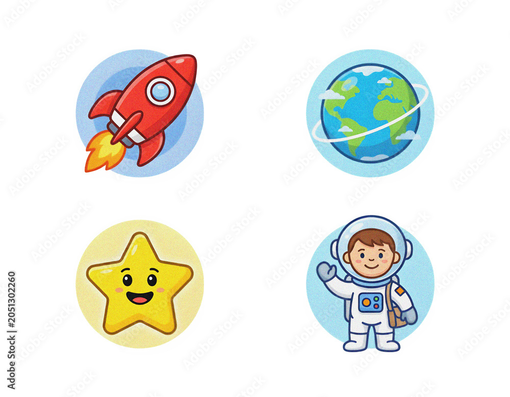 Fototapeta premium Cute space exploration icons set with rocket earth star and astronaut exploration adventure astronomy universe childish