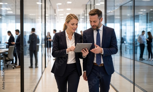 Two business professionals discussing a tablet in a modern office environment with colleagues in the background.