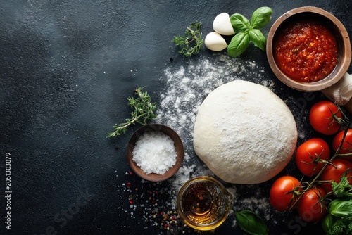 Fresh ingredients for pizza making, including dough, tomatoes, herbs, and sauce