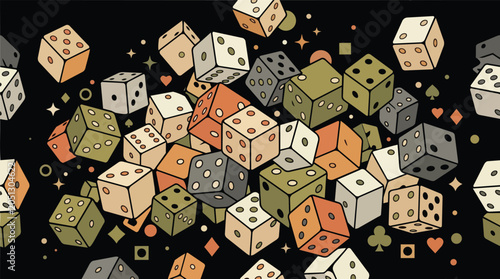 Quadro su tela A vibrant collection of colorful dice and game pieces scattered on a dark surface with various symbols