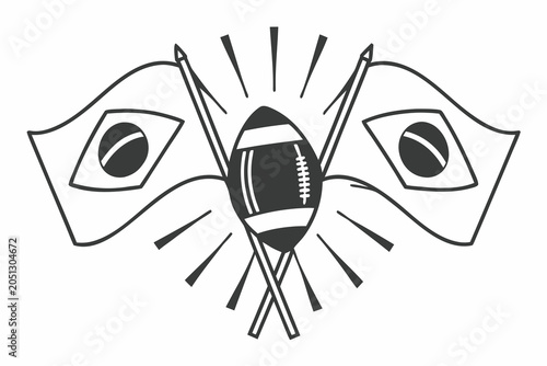 Vector graphic illustration of a dynamic rugby ball surrounded by flags and spears in a bold design