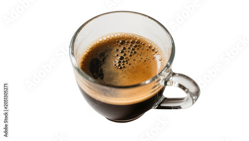 Foto Espresso coffee in clear glass cup with crema