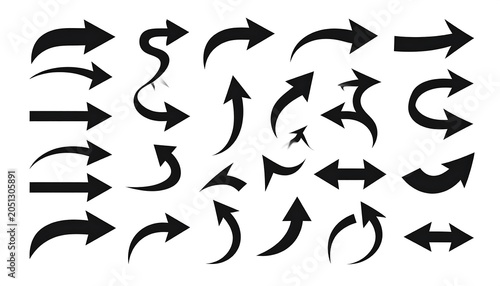 A collection of 25 black arrow symbols pointing in various directions on a white background