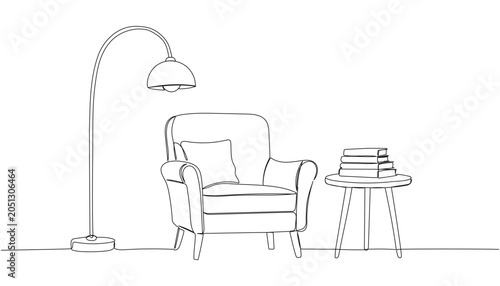 One continuous line drawing of an armchair, side table and book. Modern furniture for living room or office interior in minimalist linear style. Editable stroke vector illustration.