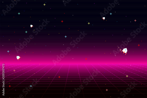 Retro cyberpunk style 80s game pink scene pixel art 8-bit sci-fi background. glowing neon grid and stars from vintage arcade computer games.