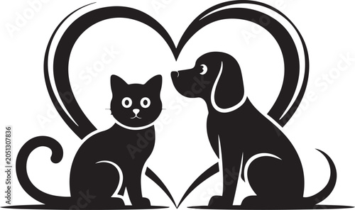 Black cat and dog sitting together inside heart shape