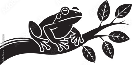 Black and white frog sitting on branch with leaves