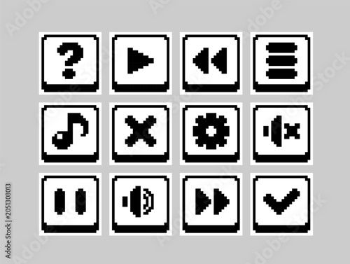 Pixel Art Interface Buttons Set, Retro Game UI Icons Collection, play, pause, sound, mute, settings, menu, help and confirmation symbols for UI design and game development.