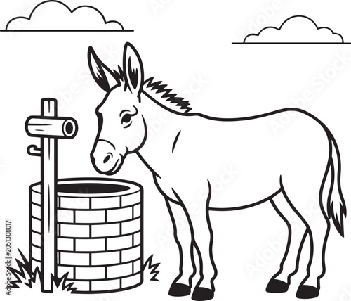 Donkey drinking water from a wooden well