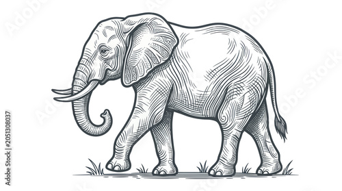 Fotografia Vintage Elephant Illustration, Walking Majestic Animal Sketch, Retro Style