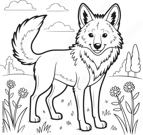 Cute fox standing in a flower field