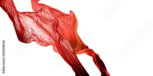 3D abstract red ribbon fragment with textured flowing surface on transparent background, organic design