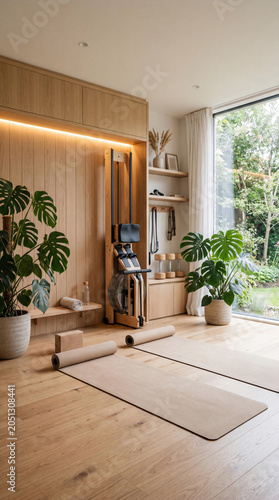 Modern luxury home gym interior design in japandi style with wooden water rower machine yoga mat and green monstera plant