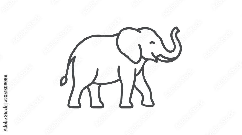 Fototapeta premium Stylized elephant icon with raised trunk line art.